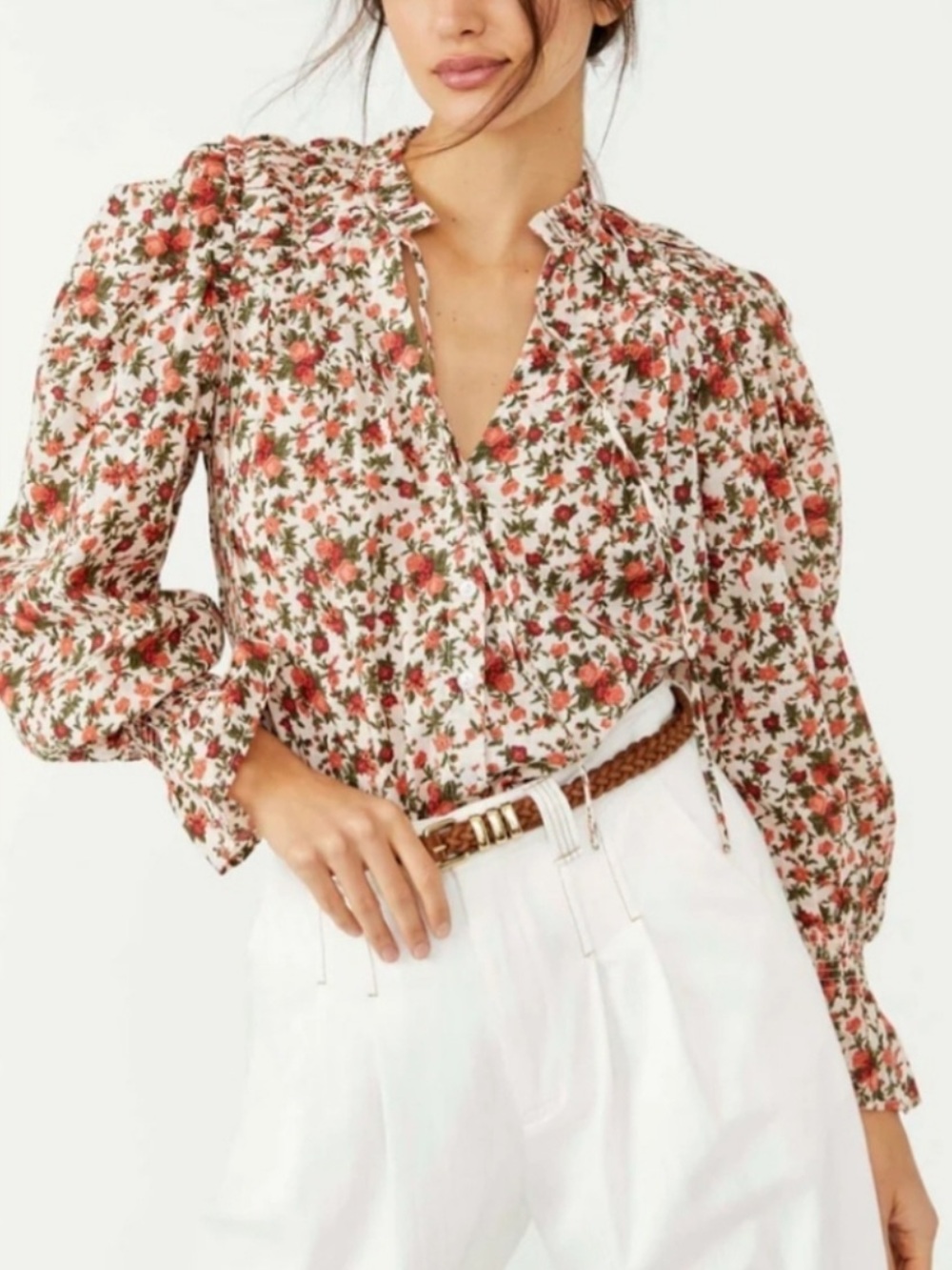 Free People Meant To Be Ditsy Floral Vintage Combo Boho Puff Sleeve Blouse sz XS